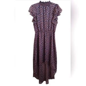 1.STATE Floral Ruffle Sleeve Midi Dress in Navy and Pink